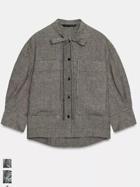 ZARA 100% Linen Plaid Tie Neck Blouse/Shirt S NWT